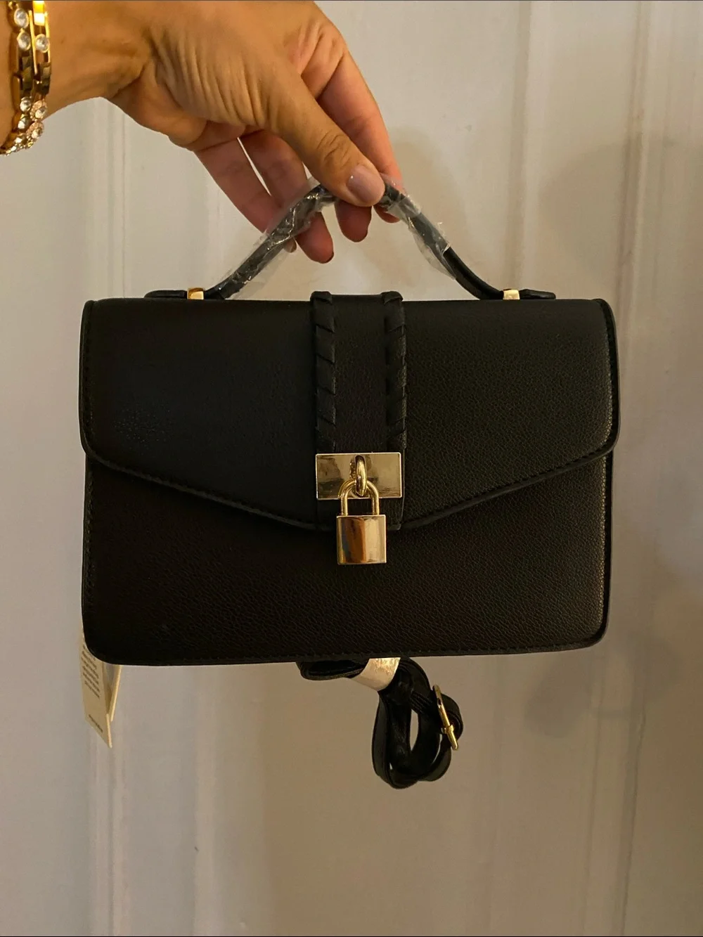 Women's Black Leather Top-Handle Crossbody Bag with Gold Padlock